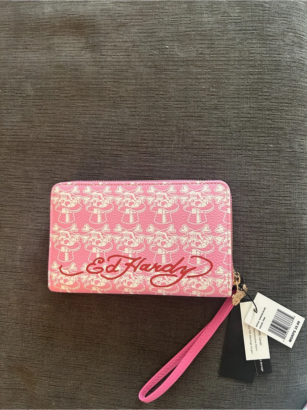 Ed Hardy pink double zip wristlet wallet with rhinestone accents